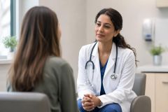 Doctor in white coat speaking compassionately with patient in clinic consultation setting.