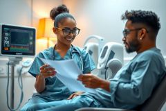 Doctor reviewing patient records in a modern hospital setting. Healthcare professional in scrubs and glasses discussing with a patient. Bright, clean environment with medical equipment visible.
