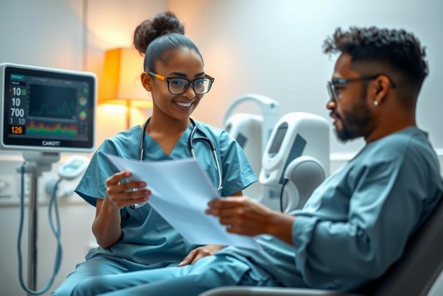 Doctor reviewing patient records in a modern hospital setting. Healthcare professional in scrubs and glasses discussing with a patient. Bright, clean environment with medical equipment visible.