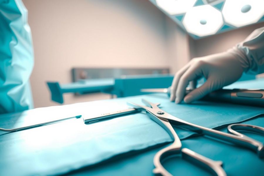 Surgical instruments and a gloved hand on a blue operating table in a sterile environment. Close-up view of medical tools in a hospital setting.