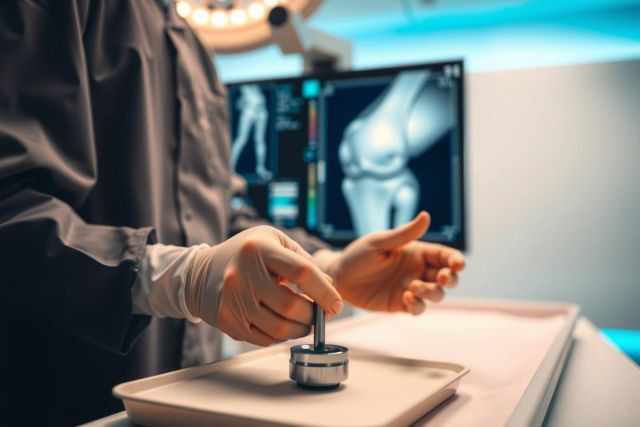 Surgical procedure in operation room. A surgeon in gloves holds a knee implant on a tray, with an X-ray image visible in the background. Focus on medical technology and orthopedic surgery.
