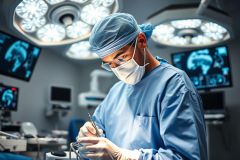 Surgeon in blue scrubs and mask performing surgery in a modern operating room. Bright overhead lights illuminate the scene as the doctor uses surgical instruments, with medical monitors displaying scans in the background. Healthcare, medical procedure, and surgical environment.