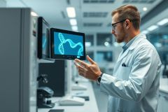 Scientist in a modern laboratory examining a DNA helix displayed on a tablet. The image showcases biotechnology, genetic research, and scientific analysis in a clean, bright environment. Focus is on the researcher and the digital DNA representation, representing innovation and medical science.