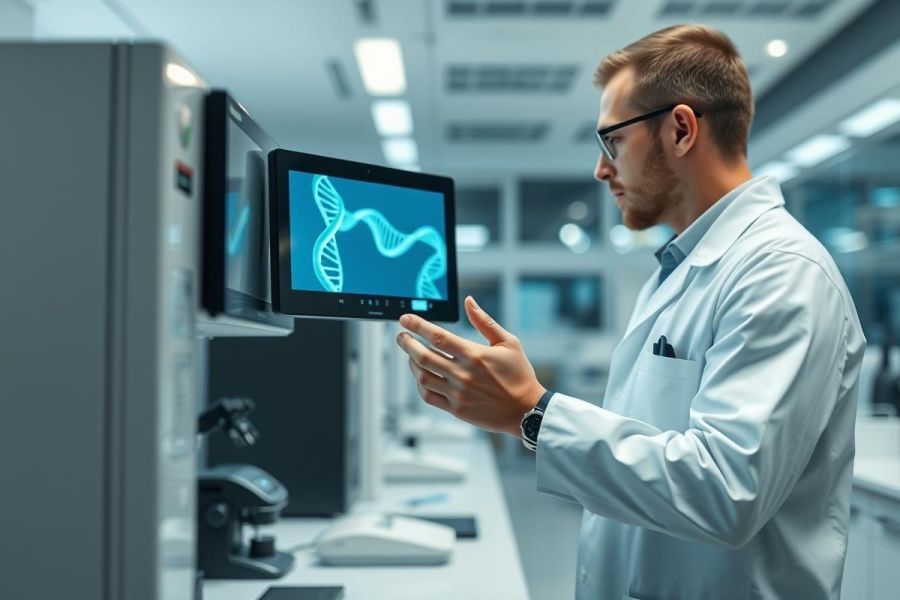 Scientist in a modern laboratory examining a DNA helix displayed on a tablet. The image showcases biotechnology, genetic research, and scientific analysis in a clean, bright environment. Focus is on the researcher and the digital DNA representation, representing innovation and medical science.