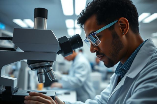 Scientist examining a sample under a microscope in a modern laboratory. Focus on research, science, and laboratory setting with cool blue and white tones. Medical research and analysis concept.
