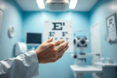 Eye exam in a bright blue optometrist's office. A hand holds up fingers in front of an eye chart, with vision testing equipment and a monitor visible in the background. Healthcare and eye care concept.