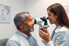 Eye exam in a medical clinic. An optometrist examines a mature man's eyes using a slit lamp. The scene features neutral colors and a professional healthcare setting, highlighting vision care and eye health services.