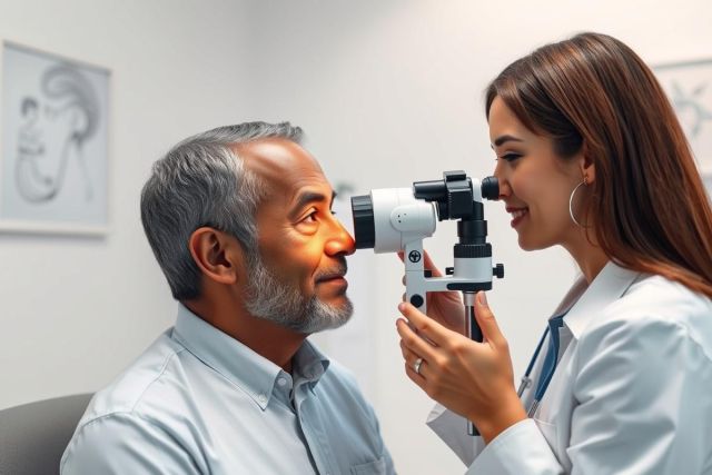 Eye exam in a medical clinic. An optometrist examines a mature man's eyes using a slit lamp. The scene features neutral colors and a professional healthcare setting, highlighting vision care and eye health services.