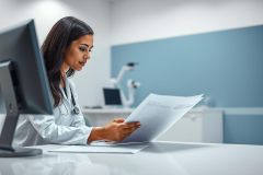 Female doctor in a bright, modern medical office reviewing patient documents. She's wearing a white coat and stethoscope, focused on paperwork near a computer monitor. Blue and white color scheme, healthcare setting.