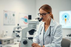 Female scientist in a lab coat using a microscope. The bright, modern laboratory setting features anatomical charts on the walls. Focus on medical research, science, and healthcare. White and neutral tones dominate the scene.