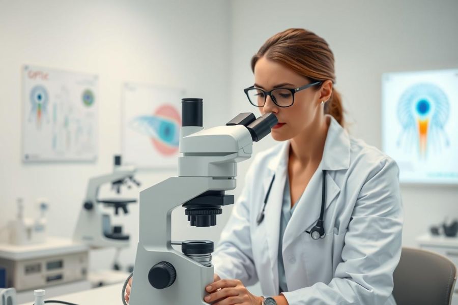 Female scientist in a lab coat using a microscope. The bright, modern laboratory setting features anatomical charts on the walls. Focus on medical research, science, and healthcare. White and neutral tones dominate the scene.