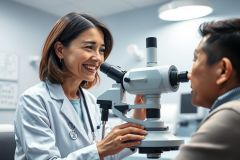 Eye exam in a clinic. A female doctor in a white coat examines a patient's eyes using a microscope. Bright, modern medical setting with a focus on healthcare and vision care.