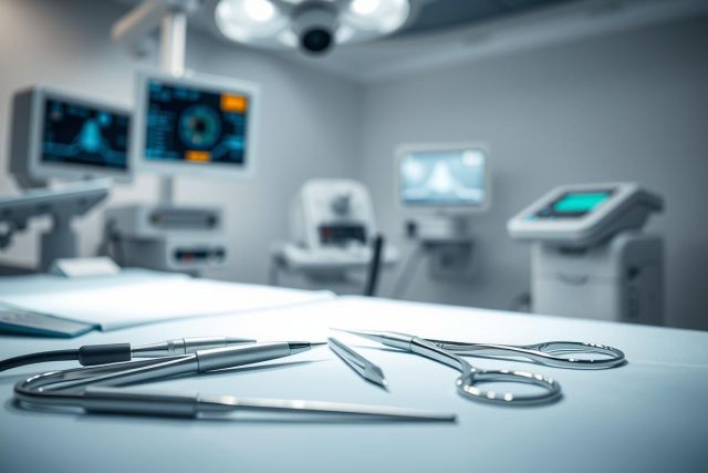Surgical instruments on a sterile operating room table. The modern OR features medical equipment, monitors, and bright lighting in cool gray tones. Focus on surgical tools and a clean, clinical environment for healthcare and medical imagery.