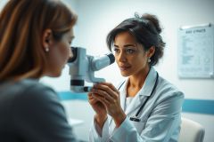 Optometrist performing eye exam on patient in a bright, modern clinic. The doctor uses an ophthalmoscope, examining the patient's eye. Healthcare, vision care, and medical professional themes are evident. Clean white and blue color palette.