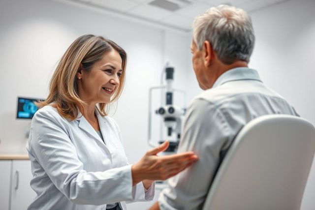 Doctor consulting with senior patient in a bright, modern medical clinic. Healthcare professional in white coat discussing diagnosis with an elderly man. Focus on patient care and medical consultation within a clean, white environment.