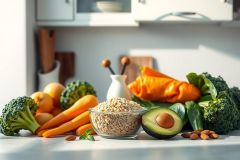 Healthy food still life featuring fresh broccoli, carrots, avocado, and grains in a glass bowl. Vibrant colors and natural light create a wholesome, nutritious scene.