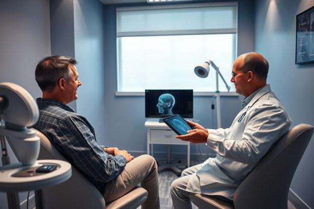 Doctor consults with patient in a modern medical clinic. They review a digital scan of a head on a tablet, likely discussing diagnostics or treatment options. Blue and white color scheme, professional setting.