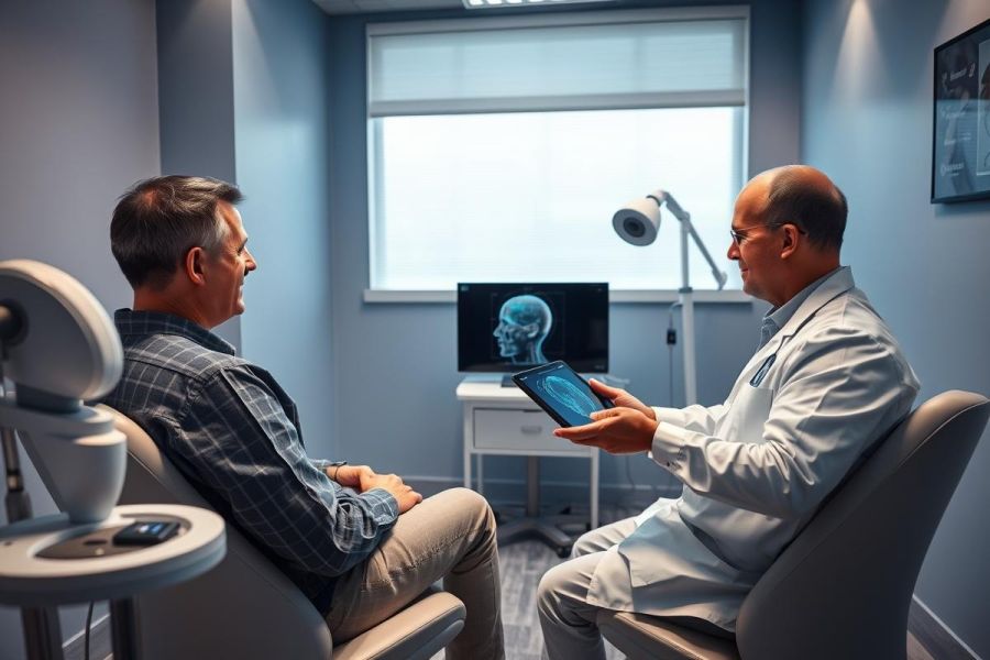Doctor consults with patient in a modern medical clinic. They review a digital scan of a head on a tablet, likely discussing diagnostics or treatment options. Blue and white color scheme, professional setting.