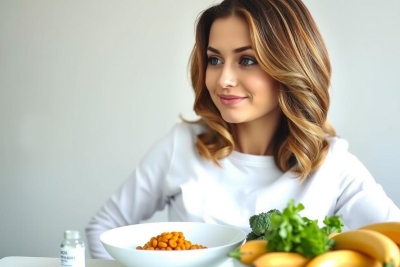 A woman sits in front of a plate of food with various vegetables, including broccoli and carrots. She has a thoughtful expression on her face as she looks to the side.