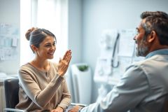 Doctor patient consultation in a bright, modern medical clinic. A woman with a warm smile gestures while speaking with a man. Healthcare, wellness, and professional medical setting are evident in the clean, neutral-toned environment with medical equipment visible.