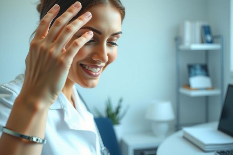 Smiling woman in a white coat, likely a doctor or healthcare professional, stands near a laptop in a modern office setting. Bright, clean environment with soft lighting. Focus on professionalism and medical context.