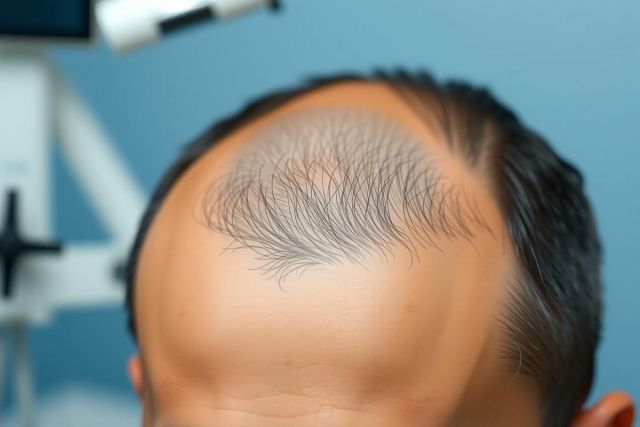 Close-up of a person's forehead, showcasing skin texture and hair. The background is blurred, highlighting the subject. The lighting is soft and natural.