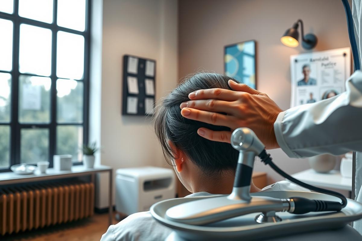 Doctor examines a patient during a medical consultation. Focus on back view of patient and doctor's hands with diagnostic equipment in a bright, modern clinic setting.
