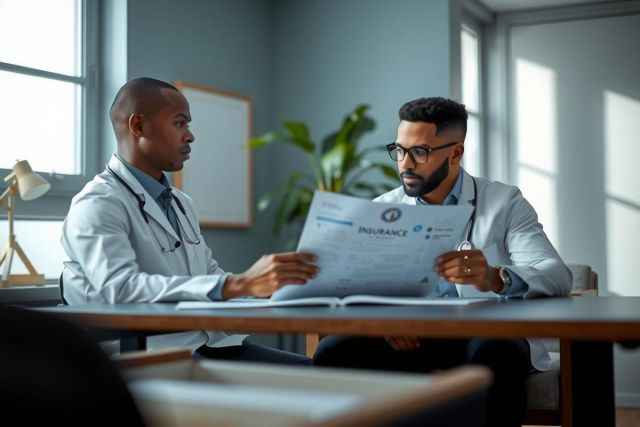 Two doctors in white coats review documents at a desk, discussing patient records in a modern office setting. Focus on healthcare, medical professionals, and teamwork.