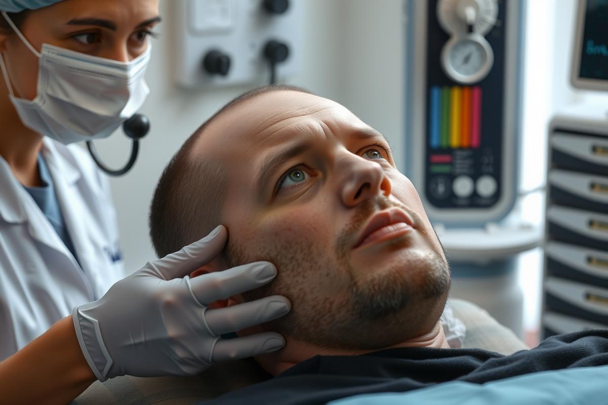 The image shows a man receiving medical attention in what appears to be an emergency room setting. He is lying on a hospital bed with monitoring equipment around him. Two medical personnel, one of whom is wearing a surgical mask and gloves, are attending to the patient.