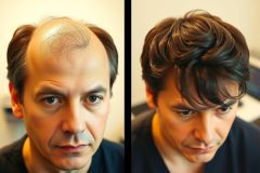 Three photographs of a man showcasing hair transplantation results. Each photo captures the progression from before to after the procedure, demonstrating regrowth and thickening of his hairline. The man's expressions change subtly as each image represents different stages of his hair restoration journey.
