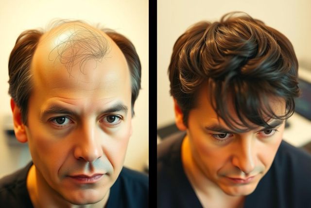 Three photographs of a man showcasing hair transplantation results. Each photo captures the progression from before to after the procedure, demonstrating regrowth and thickening of his hairline. The man's expressions change subtly as each image represents different stages of his hair restoration journey.