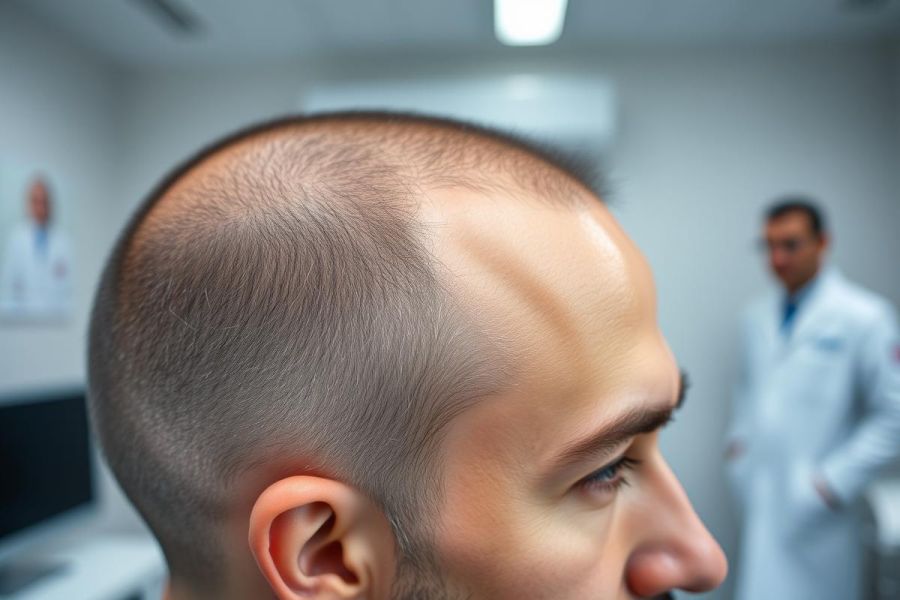 Close-up of a man's receding hairline in a medical setting. A doctor in a white coat is blurred in the background. The image focuses on hair loss, male pattern baldness, and potentially hair restoration or medical consultation. Cool tones and a clinical environment are prominent.