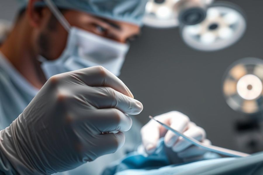 Close-up of a surgeon in a sterile environment, wearing surgical scrubs and a mask, performing a procedure with surgical tools. Bright overhead lights illuminate the scene. Focus on precision and medical expertise. Healthcare, surgery, medical professional.