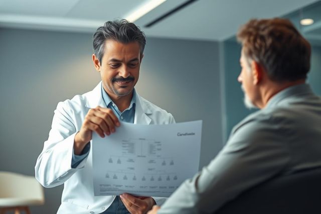 Doctor reviewing medical chart with patient in a modern clinic. Focus on healthcare consultation, diagnostic results, and professional medical advice. Blue and grey tones create a calm environment.