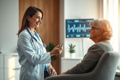 Doctor consults with a senior patient in a bright, modern medical office. The scene shows a healthcare professional with a stethoscope reviewing data on a phone, discussing care with an elderly woman. Warm lighting and a clean, clinical environment are visible.
