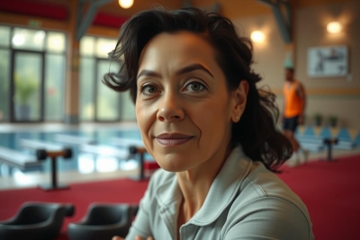 The image shows a woman seated indoors, possibly at a reception or waiting area. She appears to be engaged in conversation or observing something with interest. The environment is brightly lit and includes other seating areas and furniture typical of such spaces.