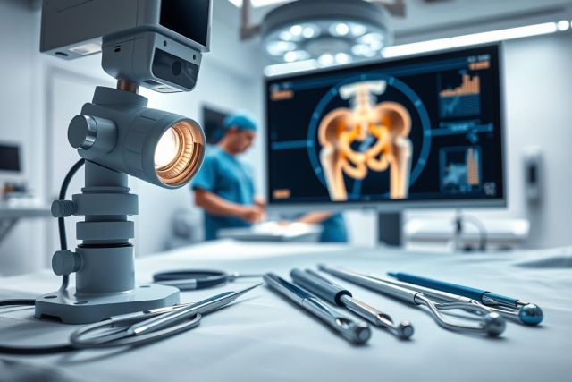 Surgical scene in a modern operating room. Medical instruments and tools are laid out on a sterile table. A monitor displays a hip X-ray, while a surgeon works in the background. Focus on precision and medical technology.
