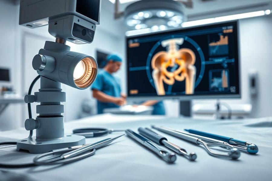 Surgical scene in a modern operating room. Medical instruments and tools are laid out on a sterile table. A monitor displays a hip X-ray, while a surgeon works in the background. Focus on precision and medical technology.