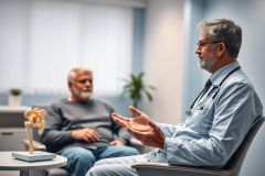 Doctor consults with an elderly patient in a modern medical clinic. The scene shows a healthcare professional explaining a bone model, with soft blue and gray tones creating a calm atmosphere. Focus on patient care, medical consultation, and senior health.