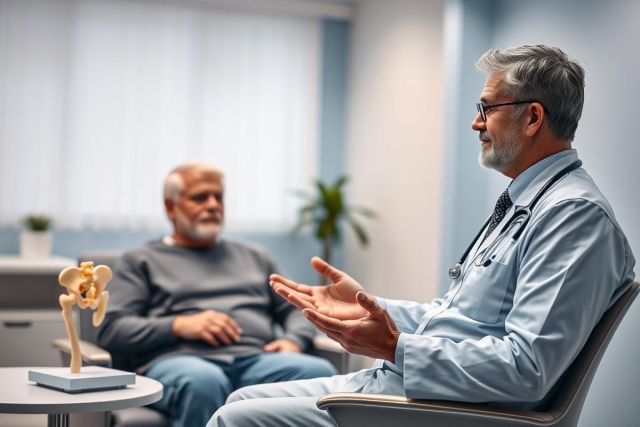 Doctor consults with an elderly patient in a modern medical clinic. The scene shows a healthcare professional explaining a bone model, with soft blue and gray tones creating a calm atmosphere. Focus on patient care, medical consultation, and senior health.