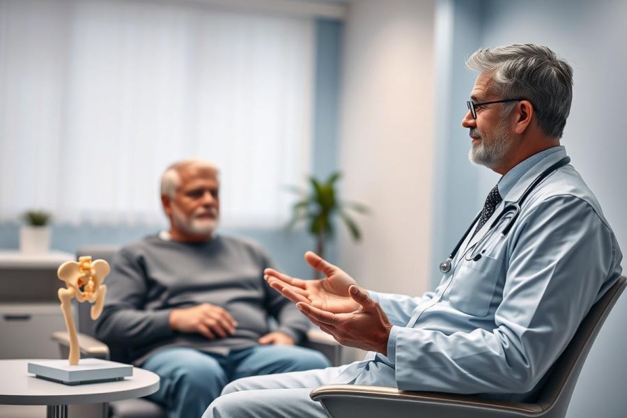 Doctor consults with an elderly patient in a modern medical clinic. The scene shows a healthcare professional explaining a bone model, with soft blue and gray tones creating a calm atmosphere. Focus on patient care, medical consultation, and senior health.