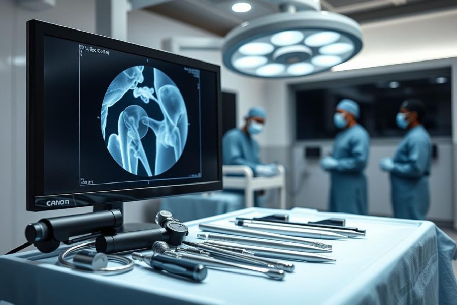 Surgical scene: X-ray of shoulder joint displayed on a monitor, surrounded by surgical instruments. Operating room setting with medical staff in blue scrubs. Focus on medical technology and orthopedic procedures. Bright, sterile environment.