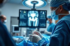 Surgical procedure in a modern operating room. A surgeon in blue scrubs and mask performs minimally invasive surgery with specialized instruments, guided by a monitor displaying X-ray imagery of the hip joint. Sterile environment, bright lights, medical technology, healthcare professionals.