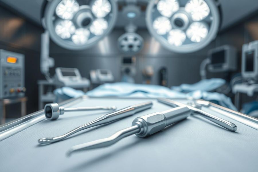 Surgical instruments laid out on a sterile operating table in a modern operating room. Bright surgical lights illuminate the scene, creating a cool, blue-toned atmosphere. Focus is on the instruments, showcasing a clinical and medical environment.