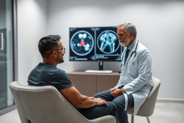 Doctor consults with a patient in a modern medical office. An MRI scan is displayed on a screen behind them, showing detailed imagery. The scene features a professional, caring atmosphere with cool, neutral tones and focuses on healthcare and diagnostics.