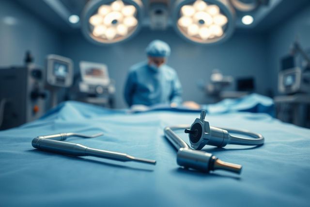 Surgical instruments laid on a blue operating table in a modern operating room. A surgeon in scrubs is blurred in the background under bright overhead lights. Focus is on the medical tools, representing surgery and healthcare.