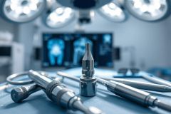 Surgical instruments and tools laid out on a sterile blue drape in an operating room setting. Bright overhead surgical lights illuminate the scene, with a blurred X-ray image visible in the background. Focus on metallic surgical equipment, highlighting precision and medical technology.