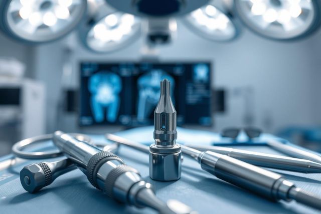 Surgical instruments and tools laid out on a sterile blue drape in an operating room setting. Bright overhead surgical lights illuminate the scene, with a blurred X-ray image visible in the background. Focus on metallic surgical equipment, highlighting precision and medical technology.