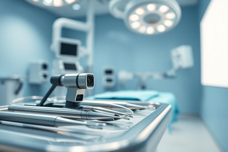 Surgical operating room scene. Stainless steel instruments and a camera are on a tray in a sterile, blue-toned environment. Bright overhead surgical lights illuminate the background featuring medical equipment. Focus on healthcare technology and surgical procedures.