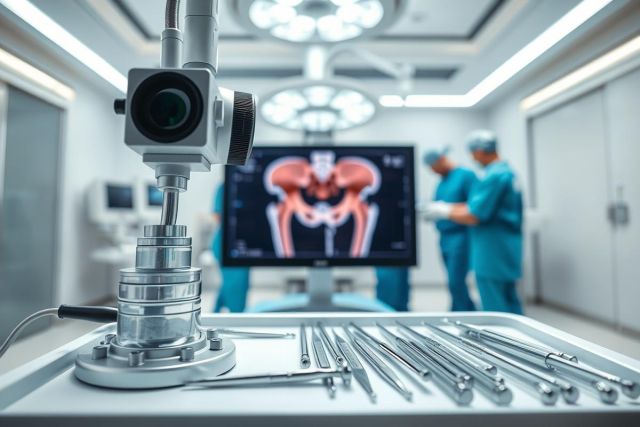 Surgical scene featuring medical instruments, a monitor displaying a hip X-ray, and surgeons in a sterile operating room. The image showcases modern healthcare technology with a focus on orthopedics and surgical procedures in a bright, clean environment. Blue and silver tones dominate the scene.